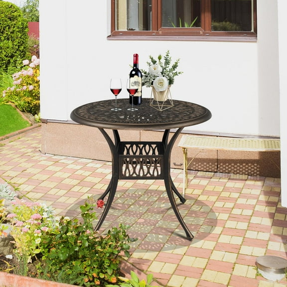 iTopRoad 35.4" Round Patio Bistro Table, Outdoor Cast Aluminum Small Dinning Table with 2" Umbrella Hole