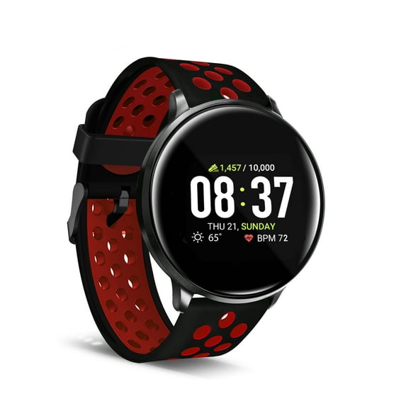 iTouch Sport smart watch, compatible with Android & IOS 43mm, unisex, black & red perforated band