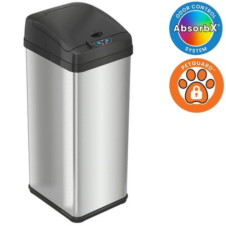 iTouchless - 13 Gallon Rectangular Sensor Trash Can with AbsorbX Odor Control System, Stainless Steel Kitchen Automatic Garbage Bin - Silver