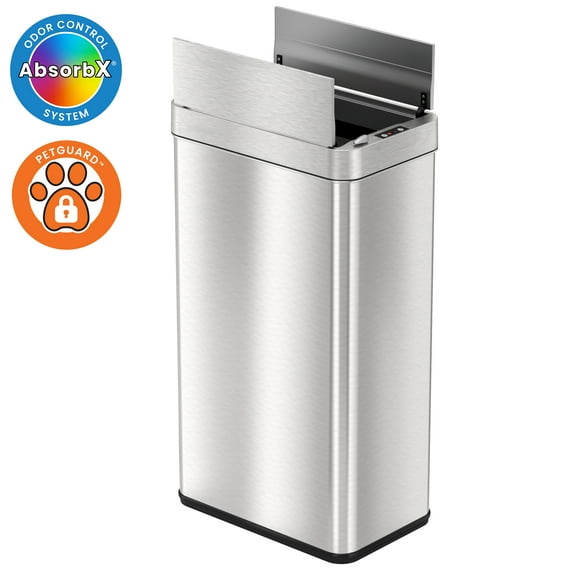 iTouchless 18 gal Wings Open Lid Sensor Garbage Can with AbsorbX Odor Filter & PetGuard, 68 Liter Automatic Stainless Steel Kitchen Garbage Bin for Under the Counter & Tight Space