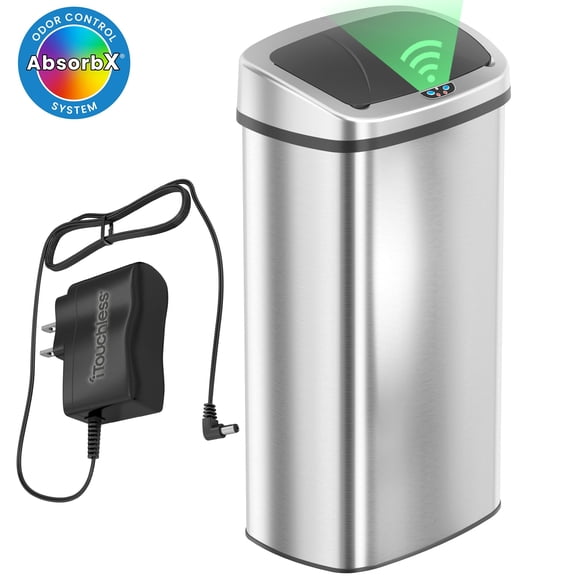 iTouchless 24 Gal Oval Stainless Steel Sensor Kitchen Trash Can with AC Adapter and AbsorbX Odor Filter