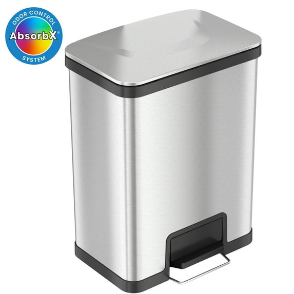 iTouchless AirStep 13 Gal Stainless Steel Step Trash Can with Absorbx Odor Filter, 49 Liter Rectangular Pedal Garbage Bin with Silent Lid Close, for Bathroom, Kitchen, Home, Office, Bedroom, Business