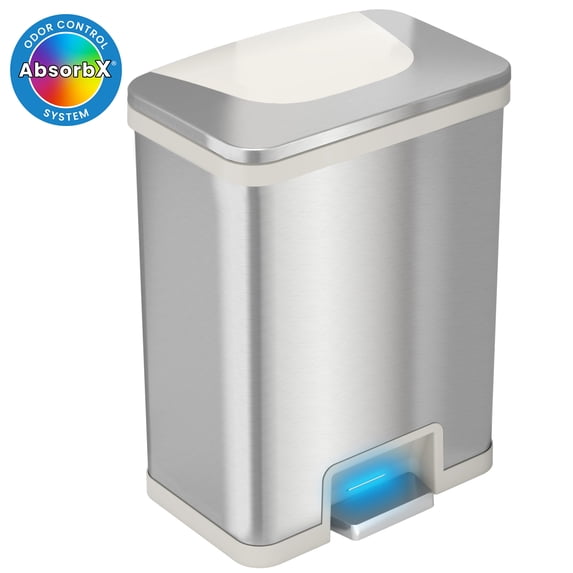 iTouchless AutoStep 13 Gallon Stainless Steel Automatic Step Trash Can with AbsorbX Odor Filter, White Trim, 49 Liter Garbage Bin for Home, Office
