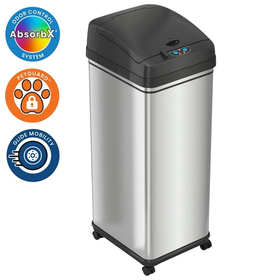 iTouchless Glide 13 gal Stainless Steel Sensor Kitchen Garbage Can with Wheels & Odor Control