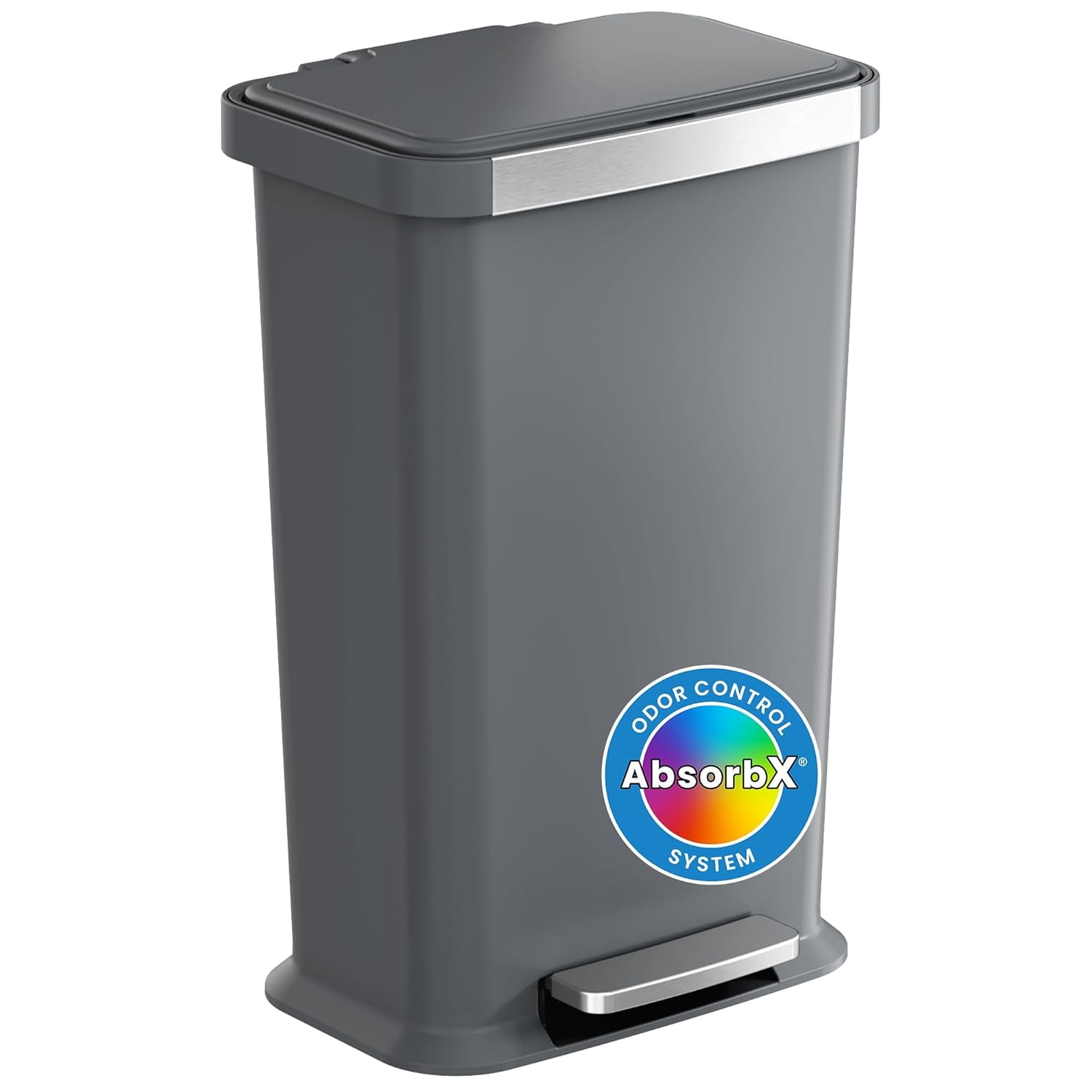 Gray Plastic 13.2 Gallon Step Pedal Trash Can with Stainless Steel Trim
