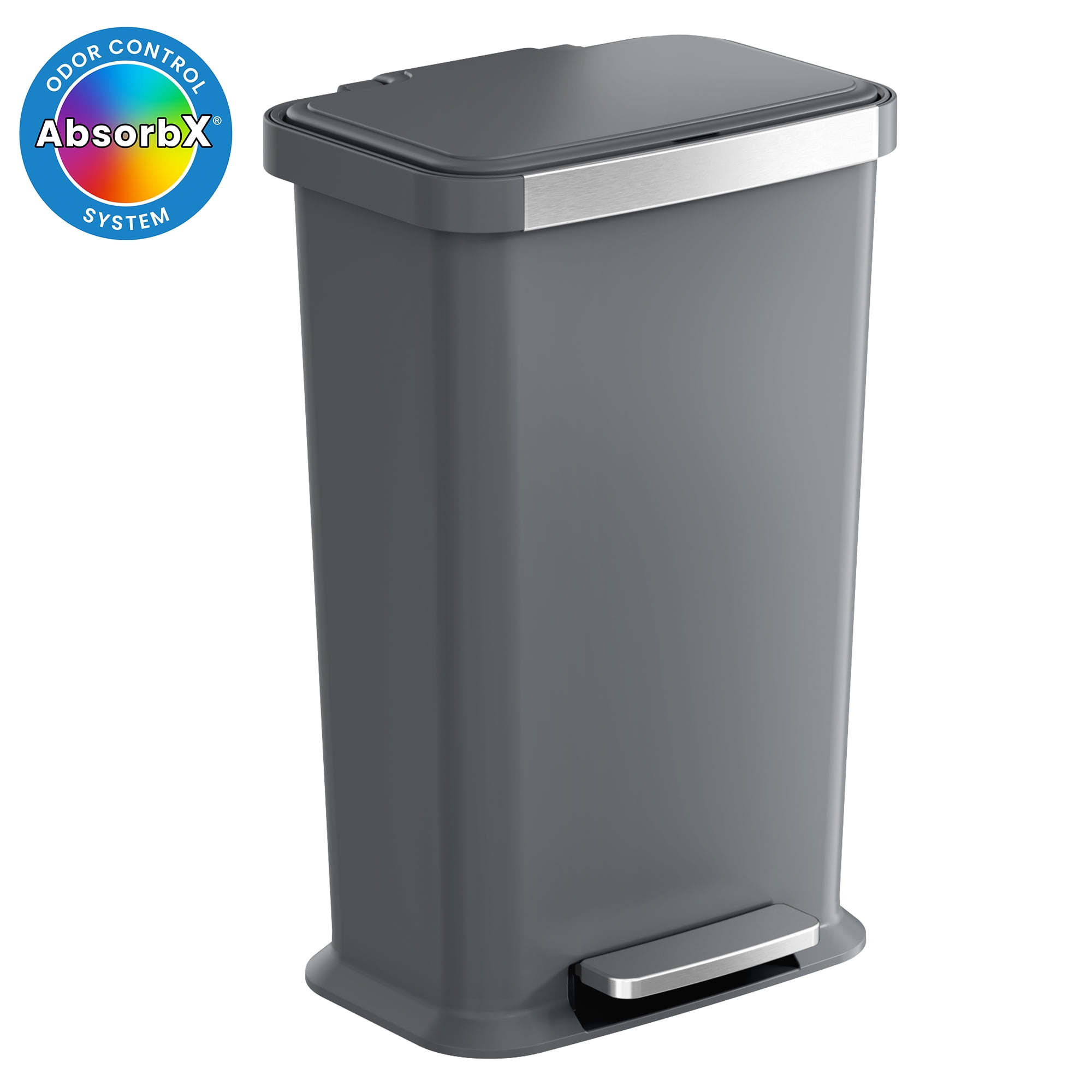 Gray Plastic 13.2 Gallon Step Pedal Trash Can with Stainless Steel Trim