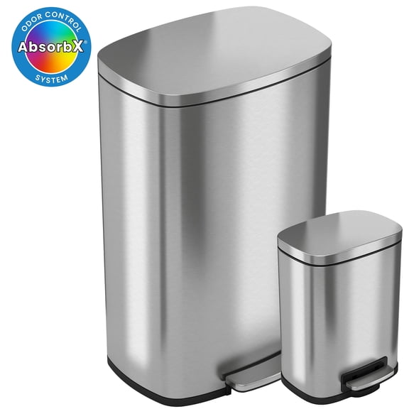 iTouchless SoftStep Combo Pack 13.2 Gal & 1.32 Gal Stainless Steel Step Trash Can with Odor Filter & Inner Bucket