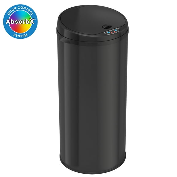 iTouchless Stainless Steel Round Sensor Trash Can with AbsorbX Odor Control System Black 13 Gal.