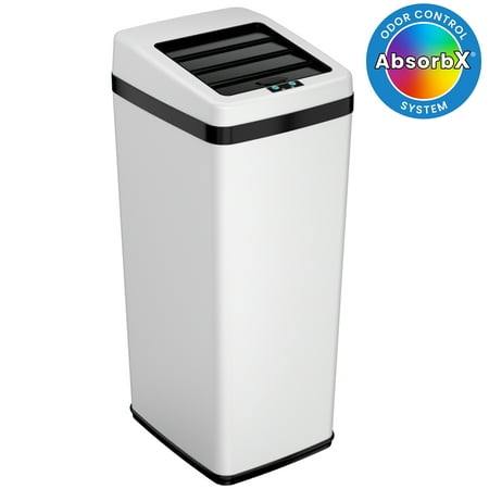 iTouchless - 14 Gallon Sliding Lid Sensor Trash Can with AbsorbX Odor Control System, Automatic Kitchen Bin - White stainless steel