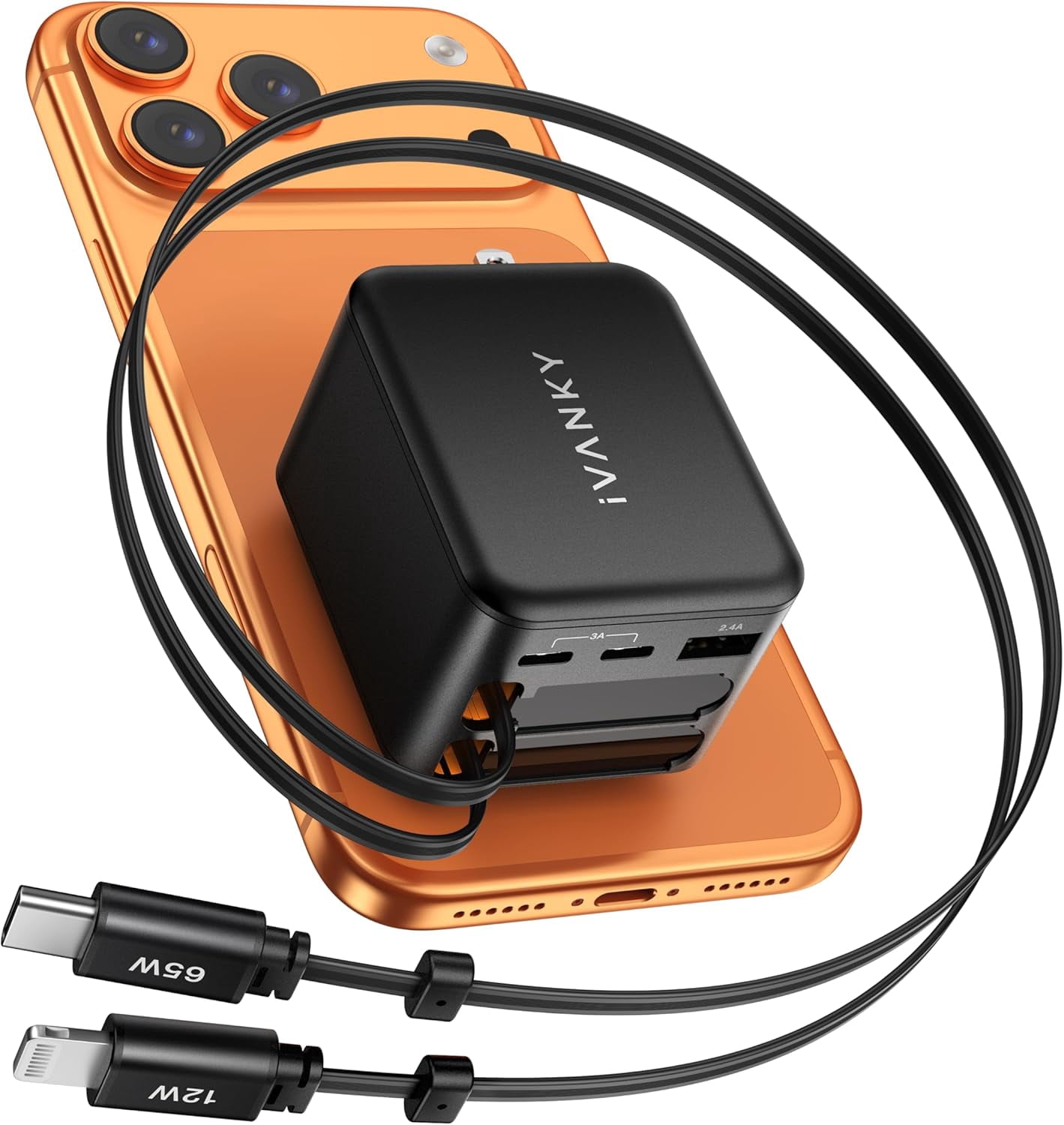 iVANKY 65W 5-in-1 GaN Wall Charger, built-in 33.5-inch retractable dual USB-C cables, supports PD & PPS fast charging. 5-port power adapter compatible with MacBook, iPhone and other laptops