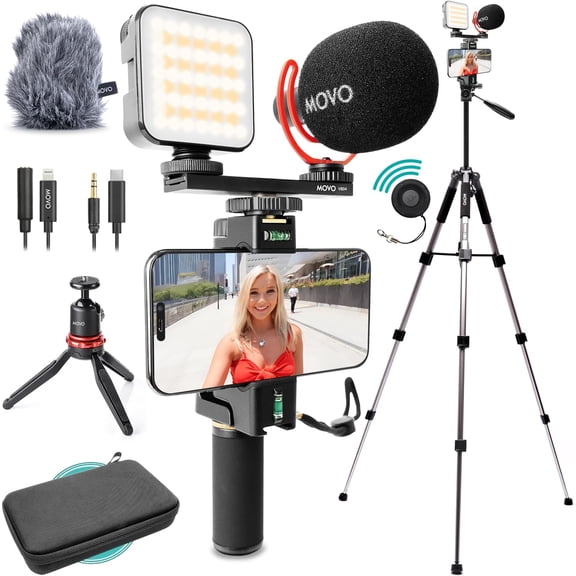 iVlogger-PRO Kit with Full Tripod for iPhone/Android - USB-C/Lightning YouTube Starter Content Creators Accessories: Phone Tripod, Mount, RGB Light and VXR10 Shotgun Mic