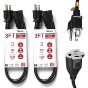 iWork 2-Pack 3ft Black Extension Cord, 16/3 Sjtw Heavy-Duty Power Cable, UL Listed, Weather-Resistant Cable for Indoor & Outdoor Use, 13 Amp/1625 Watt Capacity   3 Prong Single Outlet Extension Cord