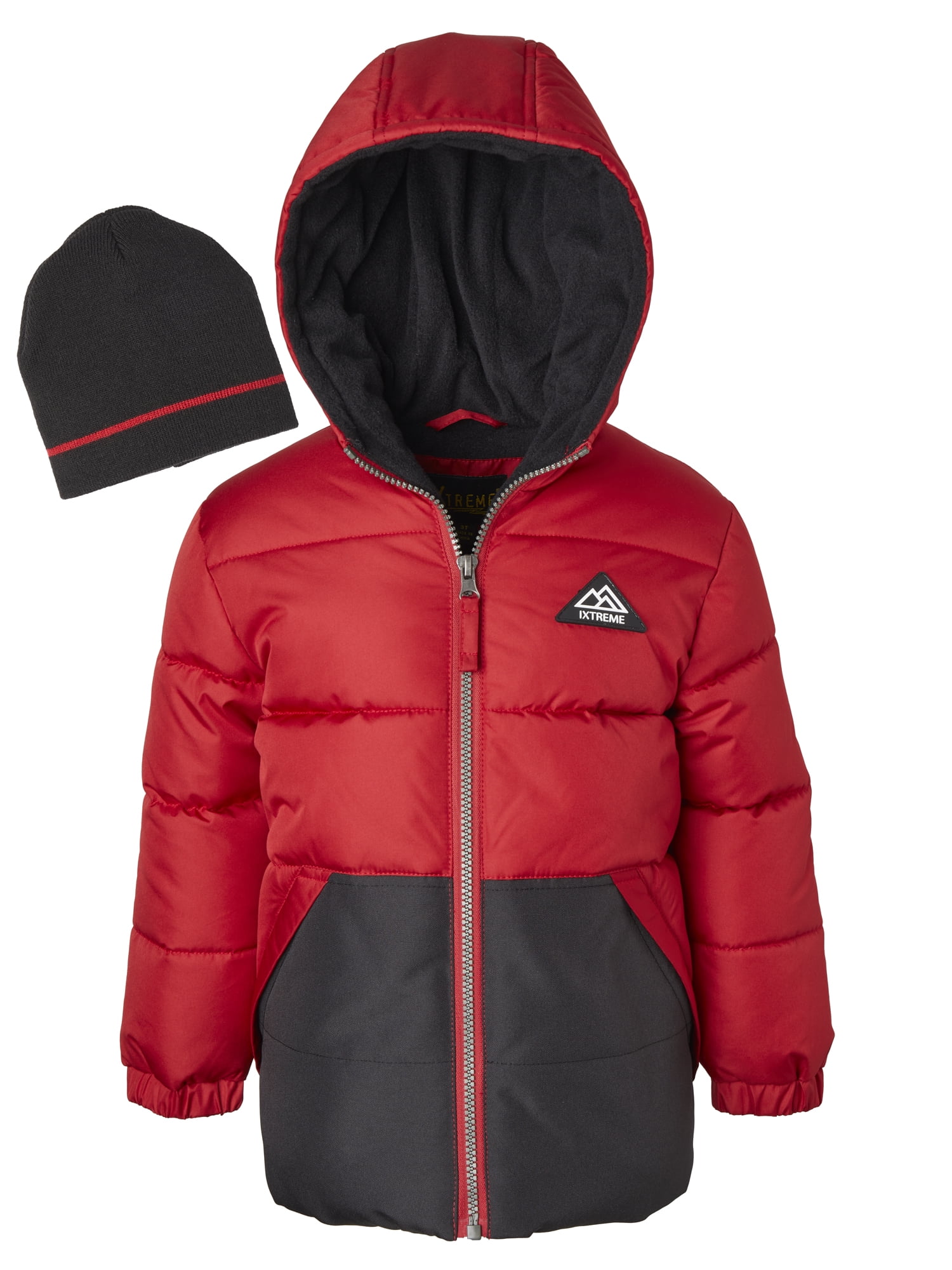 iXtreme Boys Hooded Colorblock Puffer Winter Coat with Knit Hat, Sizes