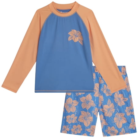 iXtreme Boys Rash Guard Set - 2 Piece Quick Dry Long Sleeve Swim Shirt and Boys Swim Trunks