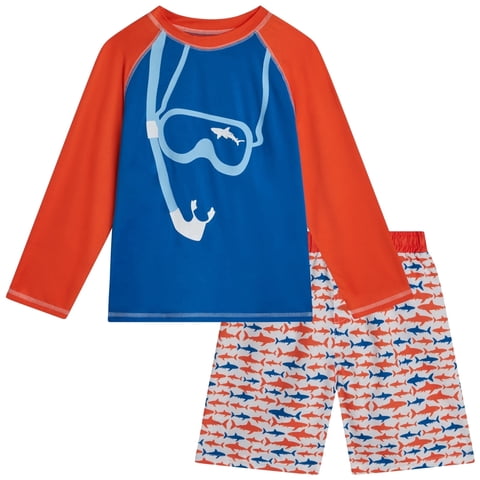 Boys Rash Guard Set - 2 Piece Quick Dry Long Sleeve Swim Shirt and Boys Swim Trunks
