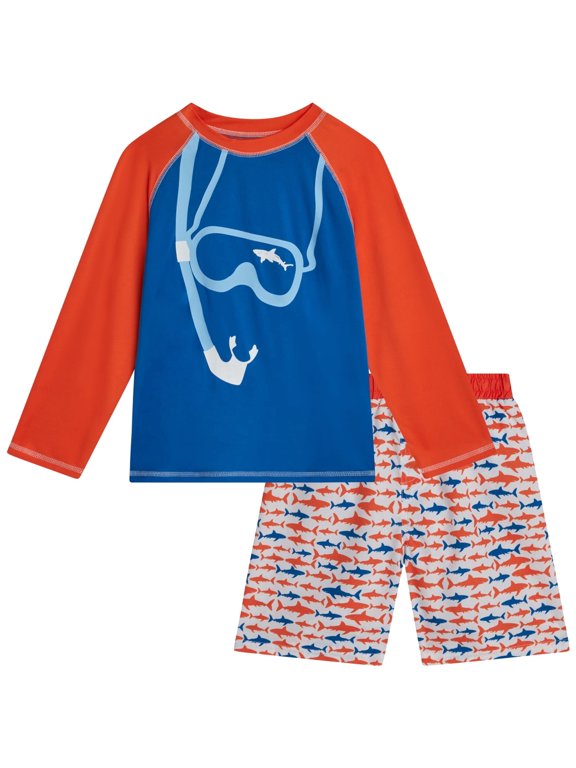 Boys Rash Guard Set - 2 Piece Quick Dry Long Sleeve Swim Shirt and Boys Swim Trunks