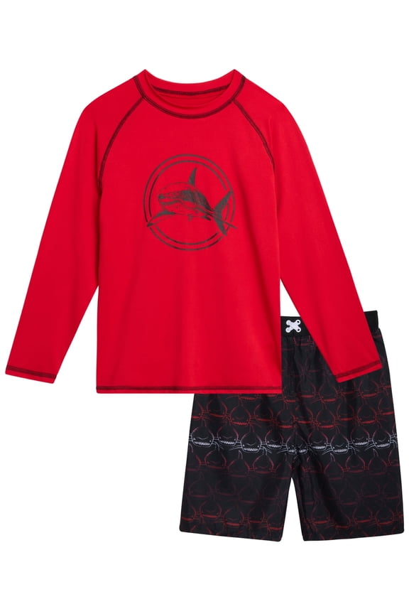 Boys Rash Guard Set - 2 Piece Quick Dry Long Sleeve Swim Shirt and Boys Swim Trunks