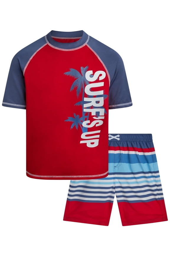 Boys Rash Guard Set - 2 Piece UPF50+ Quick Dry Short Sleeve Swim Shirt & Swim Trunks for Boys