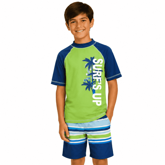 iXtreme Boys Rash Guard Set - 2 Piece UPF50+ Quick Dry Short Sleeve Swim Shirt & Swim Trunks for Boys