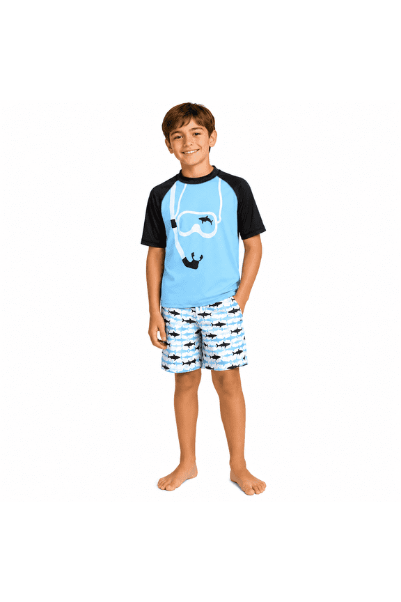 Boys Rash Guard Set - 2 Piece UPF50+ Quick Dry Short Sleeve Swim Shirt & Swim Trunks for Boys