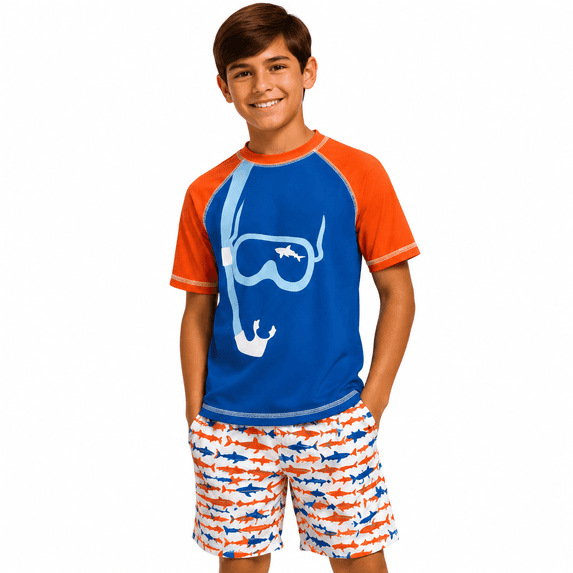 iXtreme Boys Rash Guard Set - 2 Piece UPF50+ Quick Dry Short Sleeve Swim Shirt & Swim Trunks for Boys