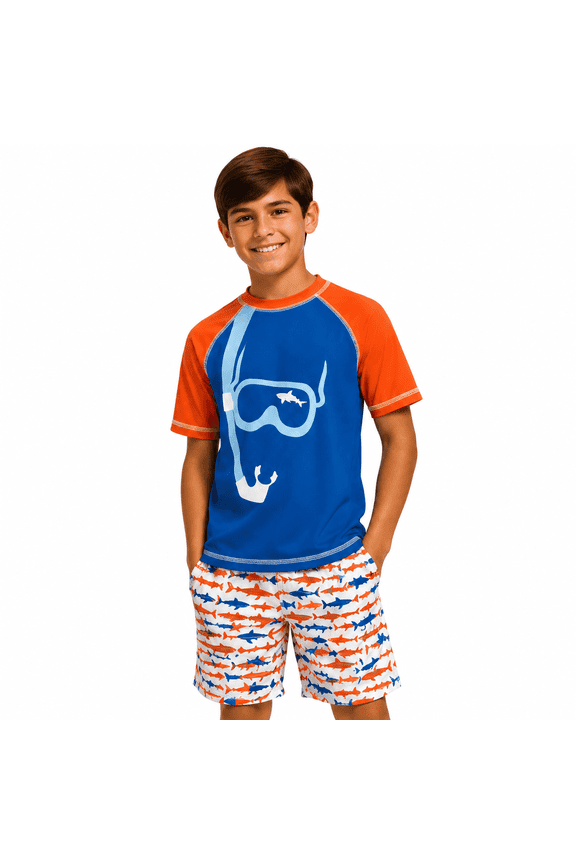 Boys Rash Guard Set - 2 Piece UPF50+ Quick Dry Short Sleeve Swim Shirt & Swim Trunks for Boys