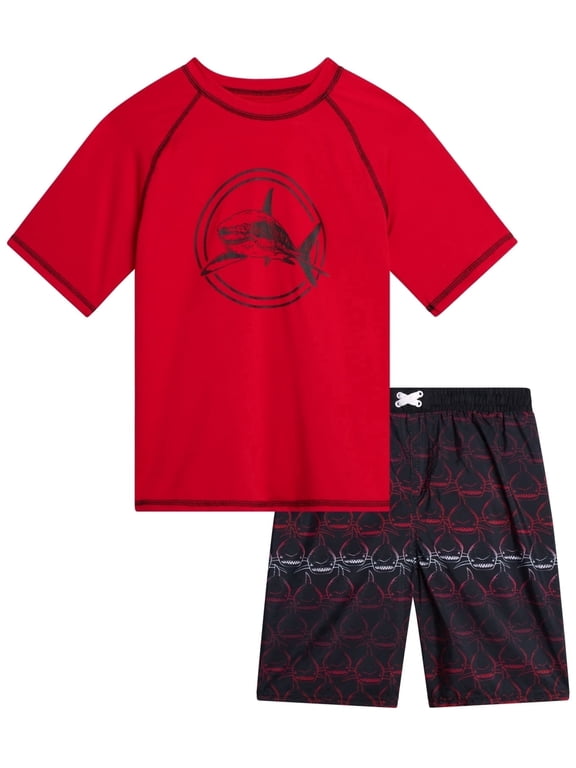 Boys Rash Guard Set - 2 Piece UPF50+ Quick Dry Short Sleeve Swim Shirt & Swim Trunks for Boys