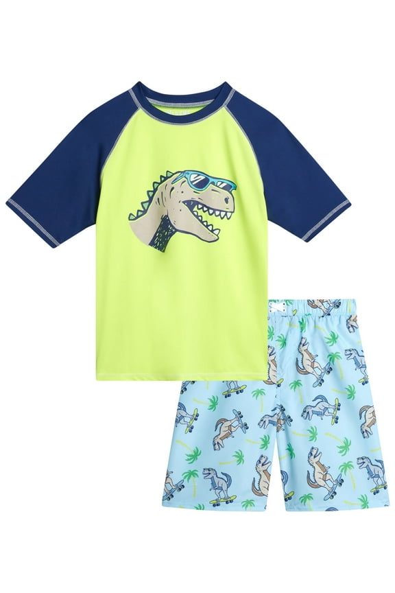 Boys Rash Guard Set - 2 Piece UPF50+ Quick Dry Short Sleeve Swim Shirt & Swim Trunks for Boys
