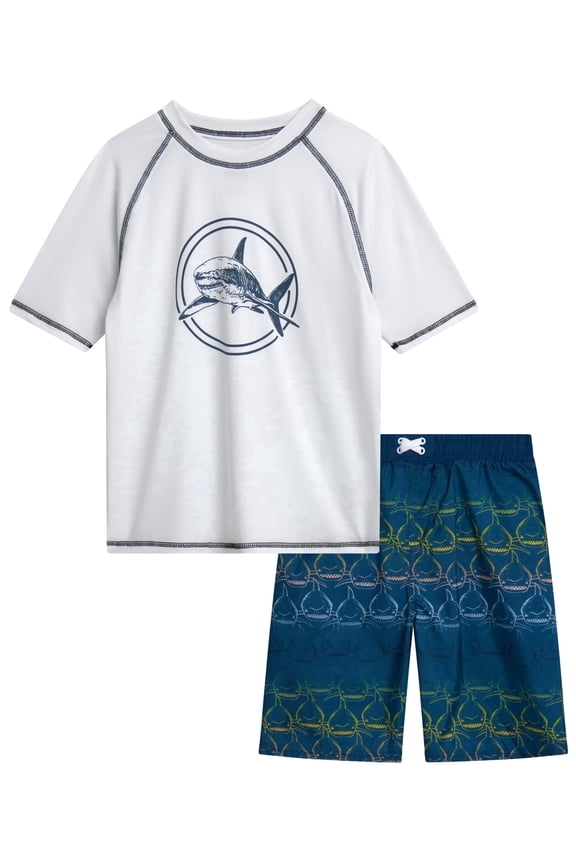 Boys Rash Guard Set - 2 Piece UPF50+ Quick Dry Short Sleeve Swim Shirt & Swim Trunks for Boys