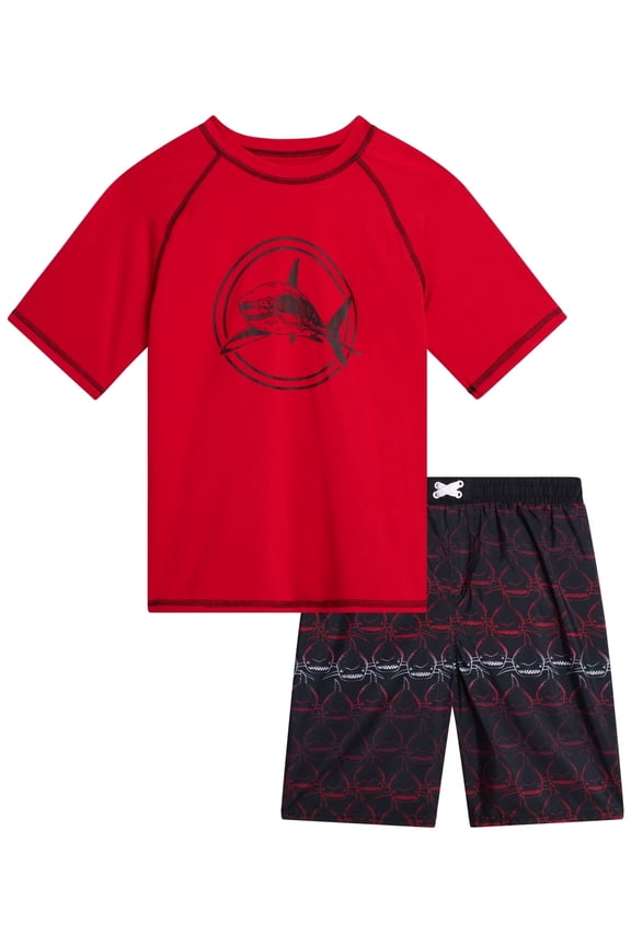 Boys Rash Guard Set - 2 Piece UPF50+ Quick Dry Short Sleeve Swim Shirt & Swim Trunks for Boys