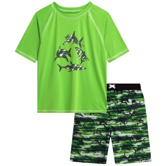 iXtreme Boys Rash Guard Set - 2 Piece UPF50+ Quick Dry Short Sleeve Swim Shirt & Swim Trunks for Boys