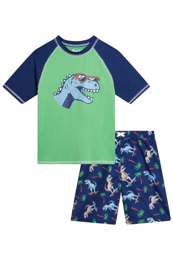 Boys Rash Guard Set - 2 Piece UPF50+ Quick Dry Short Sleeve Swim Shirt & Swim Trunks for Boys