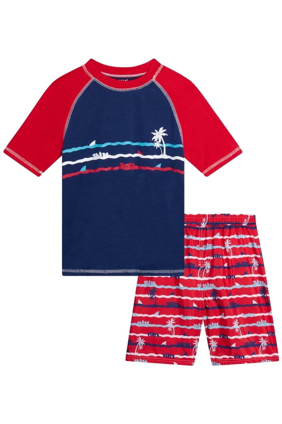 Boys Rash Guard Set - 2 Piece UPF50+ Quick Dry Short Sleeve Swim Shirt & Swim Trunks for Boys