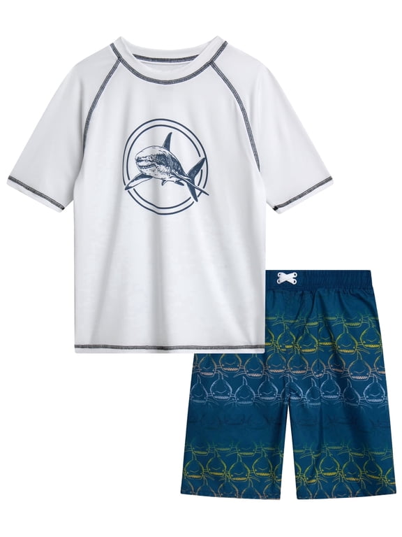 Boys Rash Guard Set - 2 Piece UPF50+ Quick Dry Short Sleeve Swim Shirt & Swim Trunks for Boys