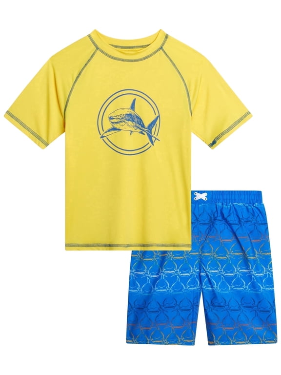 Boys Rash Guard Set - 2 Piece UPF50+ Quick Dry Short Sleeve Swim Shirt & Swim Trunks for Boys