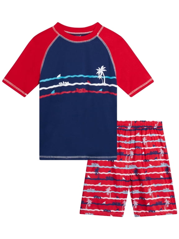Boys Rash Guard Set - 2 Piece UPF50+ Quick Dry Short Sleeve Swim Shirt & Swim Trunks for Boys