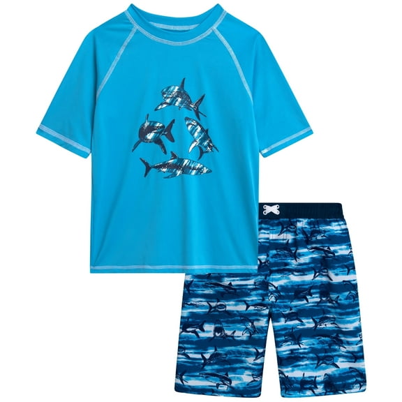 iXtreme Boys Rash Guard Set - 2 Piece UPF50+ Quick Dry Short Sleeve Swim Shirt & Swim Trunks for Boys
