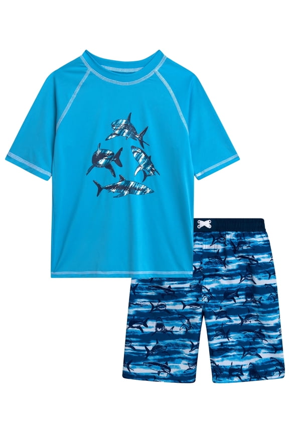 Boys Rash Guard Set - 2 Piece UPF50+ Quick Dry Short Sleeve Swim Shirt & Swim Trunks for Boys