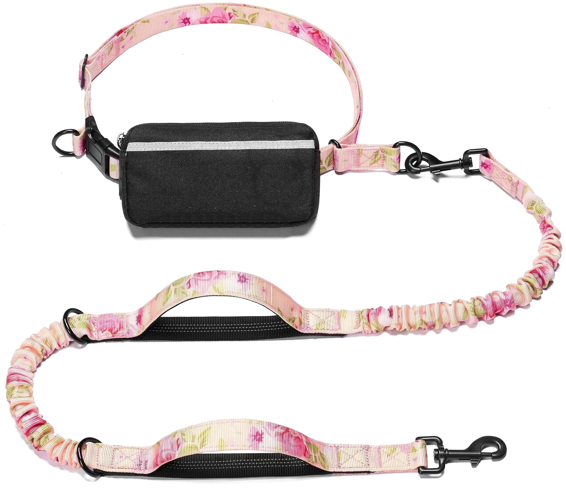 iYoShop Hands Free Dog Leash with Zipper Pouch, Dual Padded Handles and Durable Bungee for Walking, Jogging and Running Your Dog (Pink Sakura, Large)
