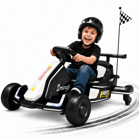 iYofe 12V Ride on Car for Kids, 360° Spin Drift Racing Go Kart with Powered PU Glowing Wheels, Water Spray Effect with Light, Music, Electric Ride On Toys for Boys Girls Age 3-8, White