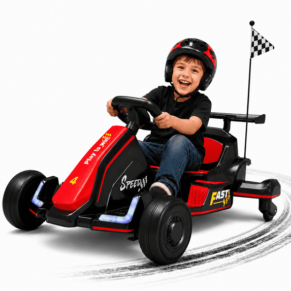 iYofe 12V Ride on Car for Kids, 360° Spin Drift Racing Go Kart with Powered PU Glowing Wheels, Water Spray Effect with Light, Music, Electric Ride On Toys for Boys Girls Age 3-8, Red
