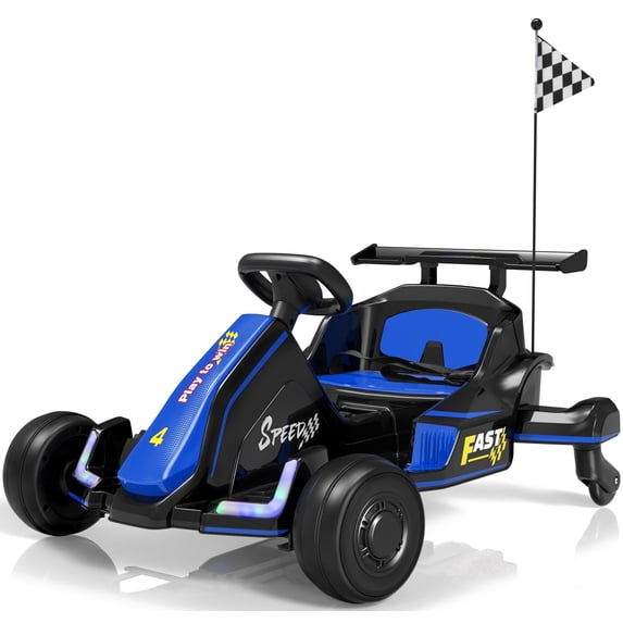 iYofe 12V Ride on Car for Kids, 360° Spin Drift Racing Go Kart with Powered PU Glowing Wheels, Water Spray Effect with Light, Music, Electric Ride On Toys for Boys Girls Age 3-8, Blue