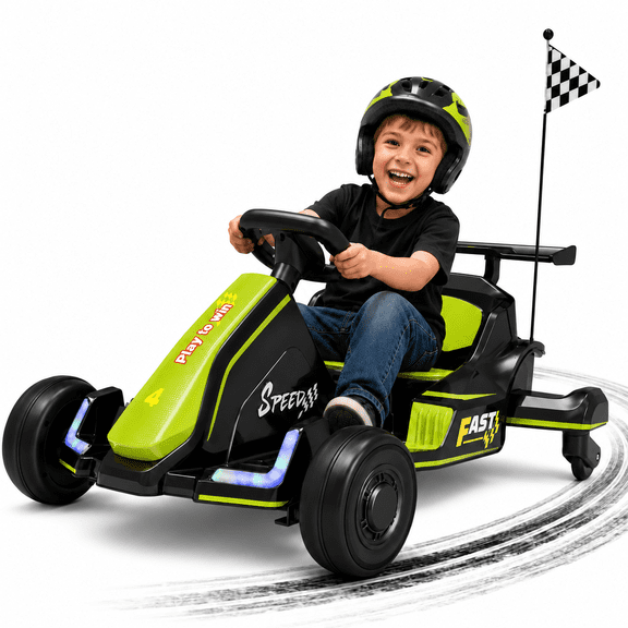 iYofe 12V Ride on Car for Kids, 360° Spin Drift Racing Go Kart with Powered PU Glowing Wheels, Water Spray Effect with Light, Music, Electric Ride On Toys for Boys Girls Age 3-8, Green