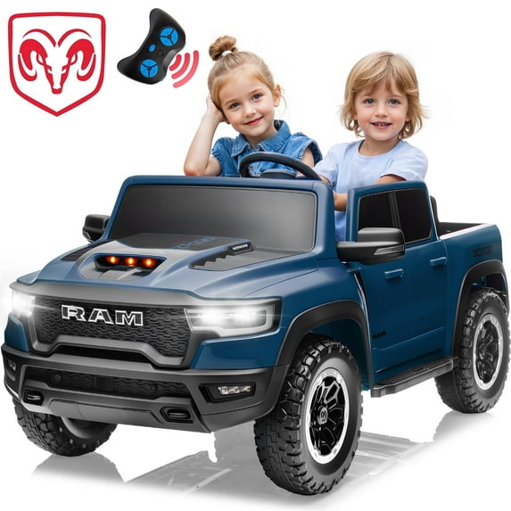 CASEMIOL 2-Seater 24V Kids Ride on Toys Truck with Remote Control, Licensed RAM 1500 RHO Battery Powered Car for Kids, Electric Ride on Car w/ 3-Point Seat Belts, Bluetooth Music, LED Lights, Blue