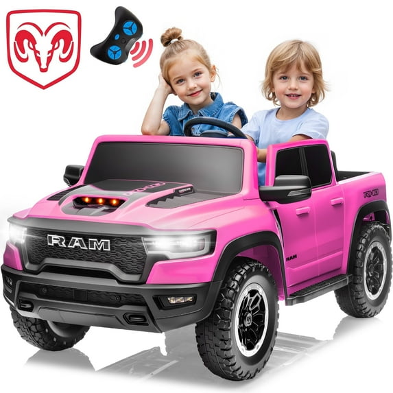 CASEMIOL 2-Seater 24V Kids Ride on Toys Truck with Remote Control, Licensed RAM 1500 RHO Battery Powered Car for Kids, Electric Ride on Car w/ 3-Point Seat Belts, Bluetooth Music, LED Lights, Pink