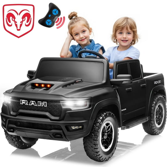 CASEMIOL 2-Seater 24V Kids Ride on Toys Truck with Remote Control, Licensed RAM 1500 RHO Battery Powered Car for Kids, Electric Ride on Car w/ 3-Point Seat Belts, Bluetooth Music, LED Lights, Black
