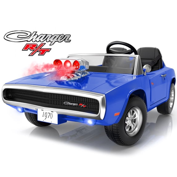 iYofe 24V 2 Seater Licensed 1970 Dodge Charger R/T Powered Ride-On Car with Remote Control & Safety Belt, Blue
