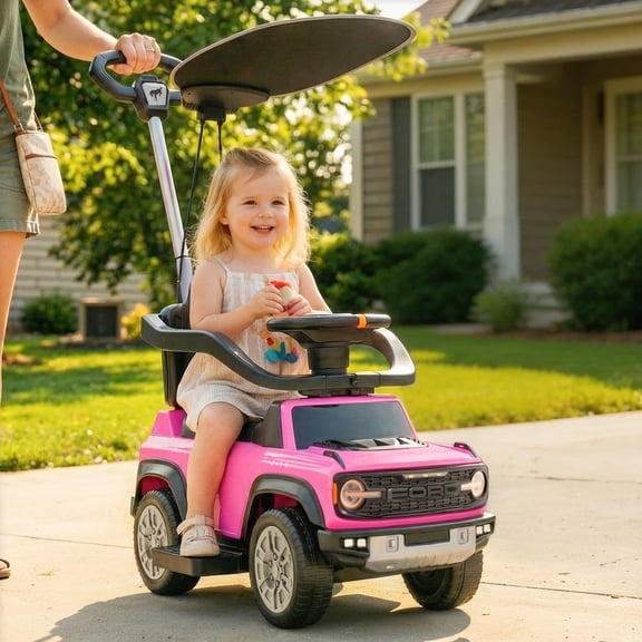 iYofe 3 In 1 Push Cars for Kids, Licensed Ford Bronco Ride On Toys w/Adjustable Handle, Canopy, Armrest Guardrail, Horn, Silent Wheels, Boys Girls Ride On Car for Toddlers Ages 18-36 Month, Pink