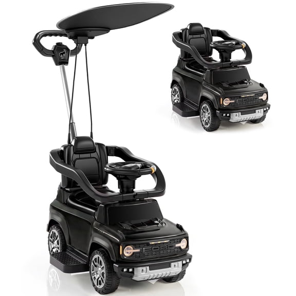 iYofe 3 In 1 Push Car for Toddlers, Licensed Ford Bronco Ride On Toys w/Adjustable Handle, Canopy, Armrest Guardrail, Horn, Silent Wheels, Boys Girls Ride On Car for Kids Ages 18-36 Month, Black