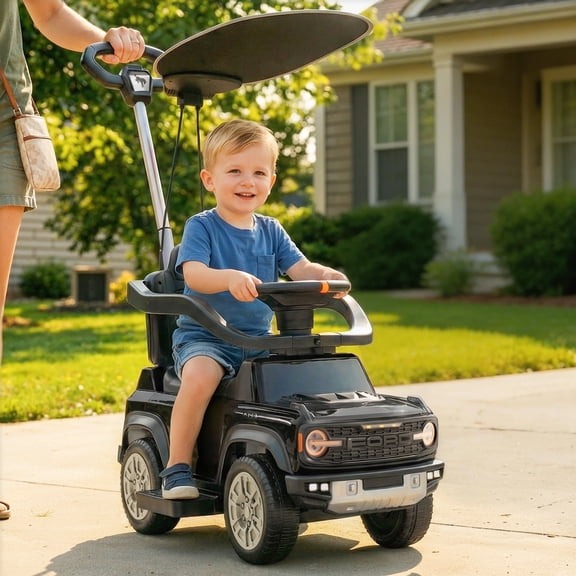iYofe 3 In 1 Push Car for Toddlers, Licensed Ford Bronco Ride On Toys w/Adjustable Handle, Canopy, Armrest Guardrail, Horn, Silent Wheels, Boys Girls Ride On Car for Kids Ages 18-36 Month, Black